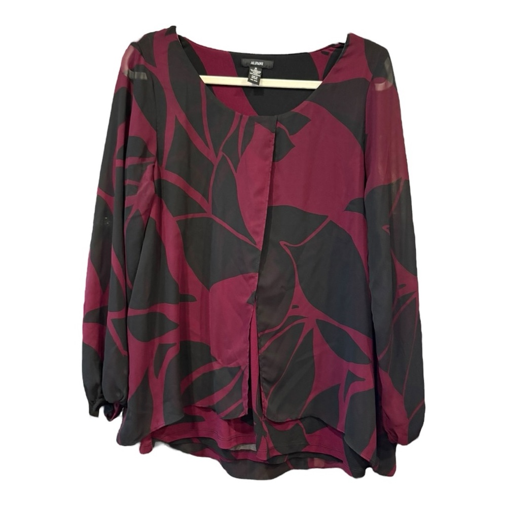 Alfani Burgundy & Black Floral Overlay Blouse Size M BI3 - Picture 2 of 5